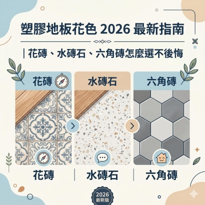 塑膠地板花色 2026 最新指南｜花磚、水磨石、六角磚怎麼選不後悔