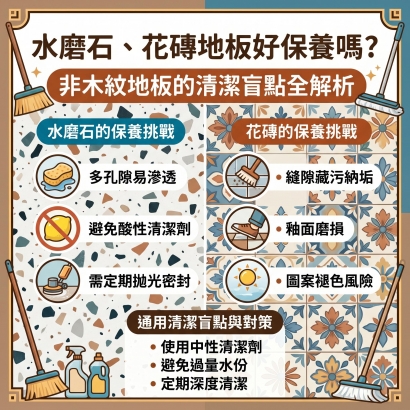  水磨石、花磚地板好保養嗎？非木紋地板的清潔盲點全解析｜塑膠地板保養比較